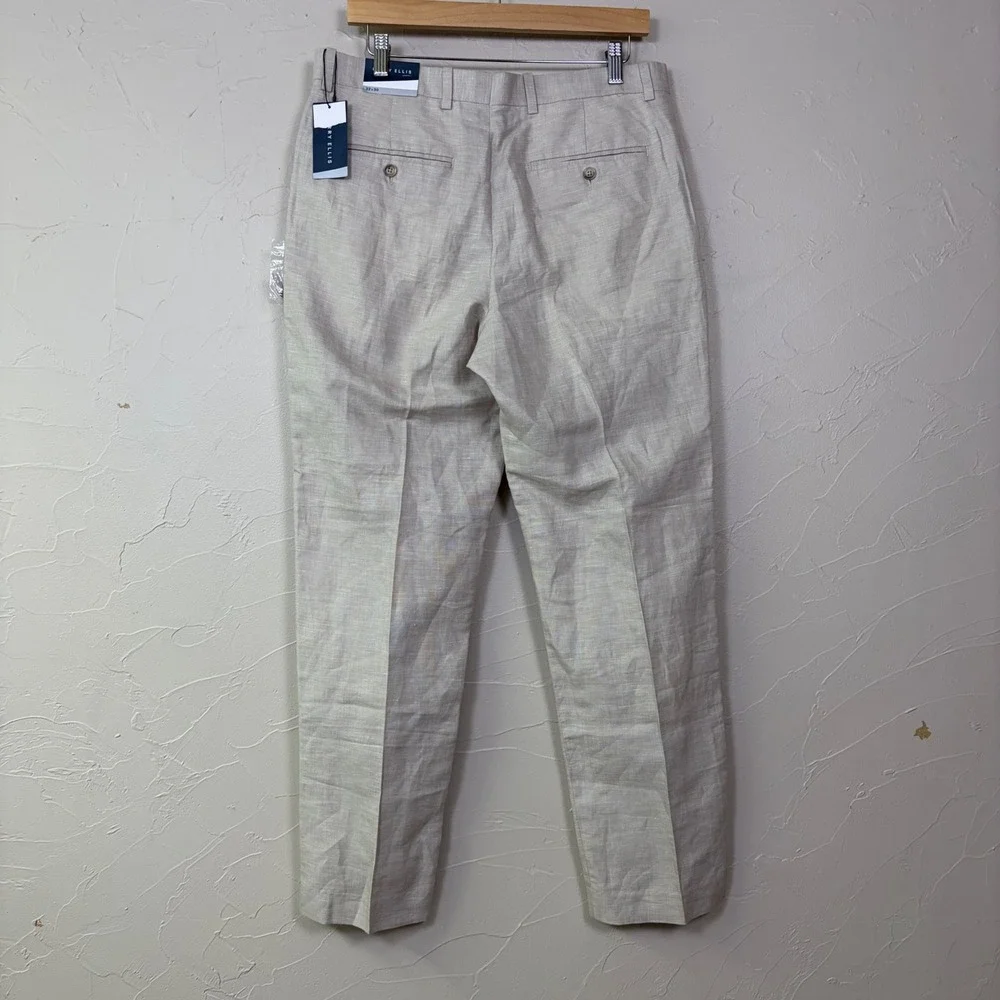 New Perry Ellis Portfolio Linen Pants Mens 32x30 Beige Flat Front Dress Trousers